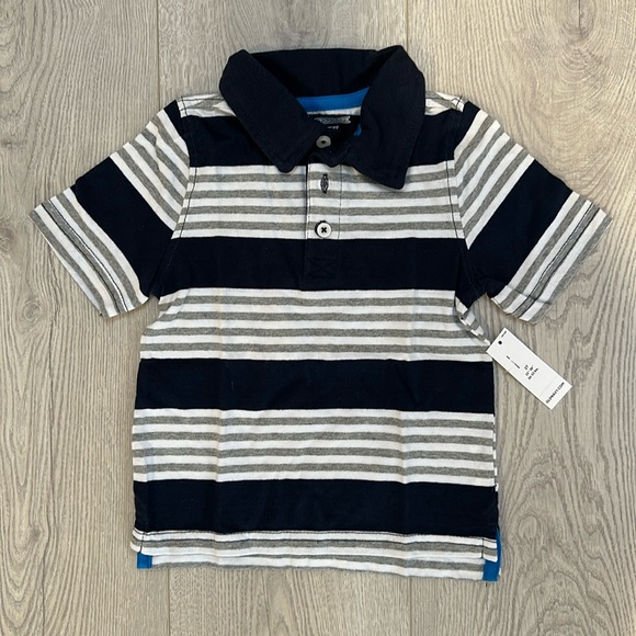 💙 2 NWT Old Navy boys polo shirts 2T navy blue gray white orange stripe bundle - Picture 2 of 13